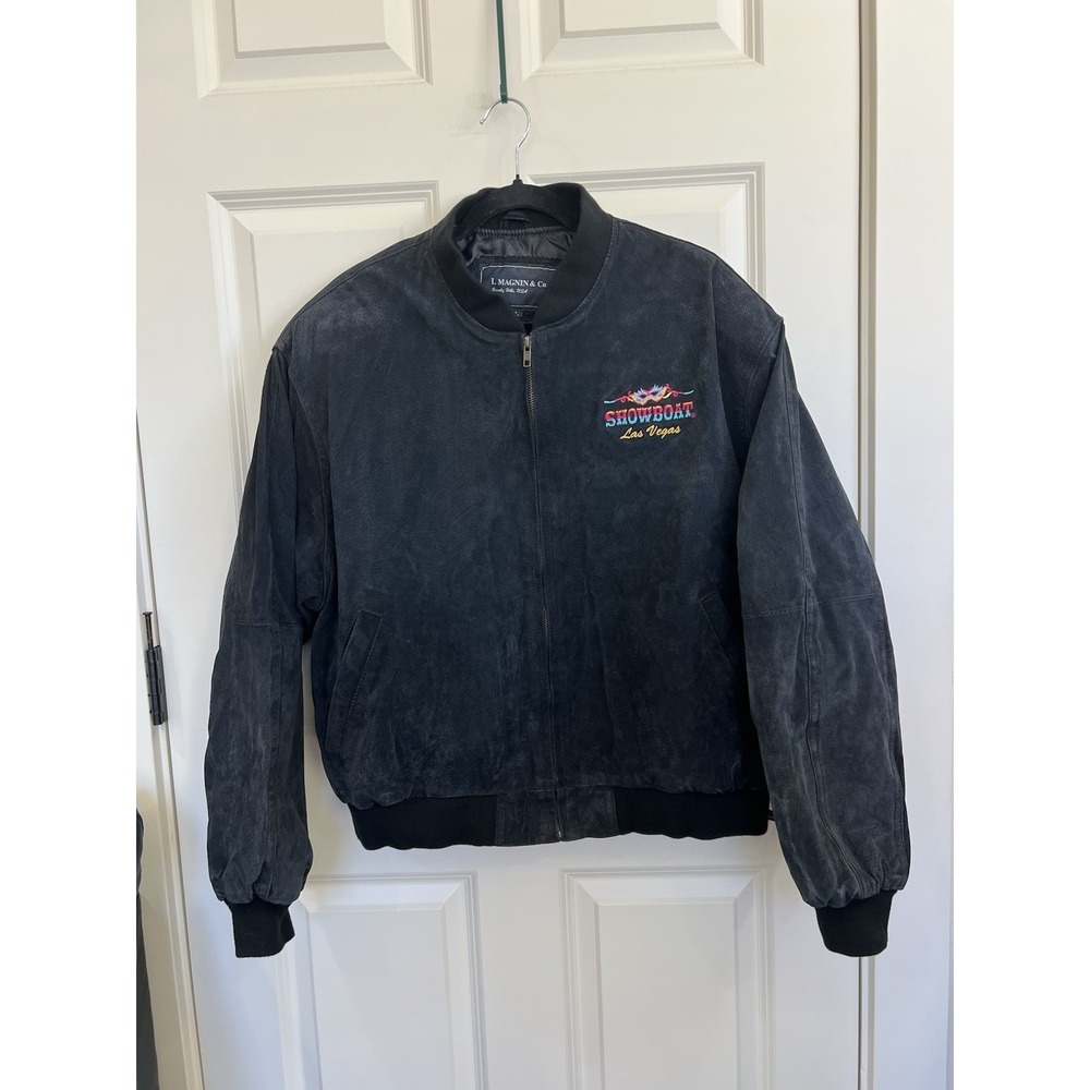 I. Magnin Vintage Black Suede Bomber Jacket Showboat Las Vegas Embroidered Sz L
